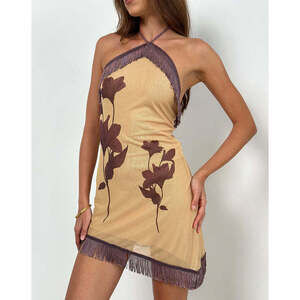 Motel Rocks Clooney Fringe Dress in Flower Yellow Brown XS